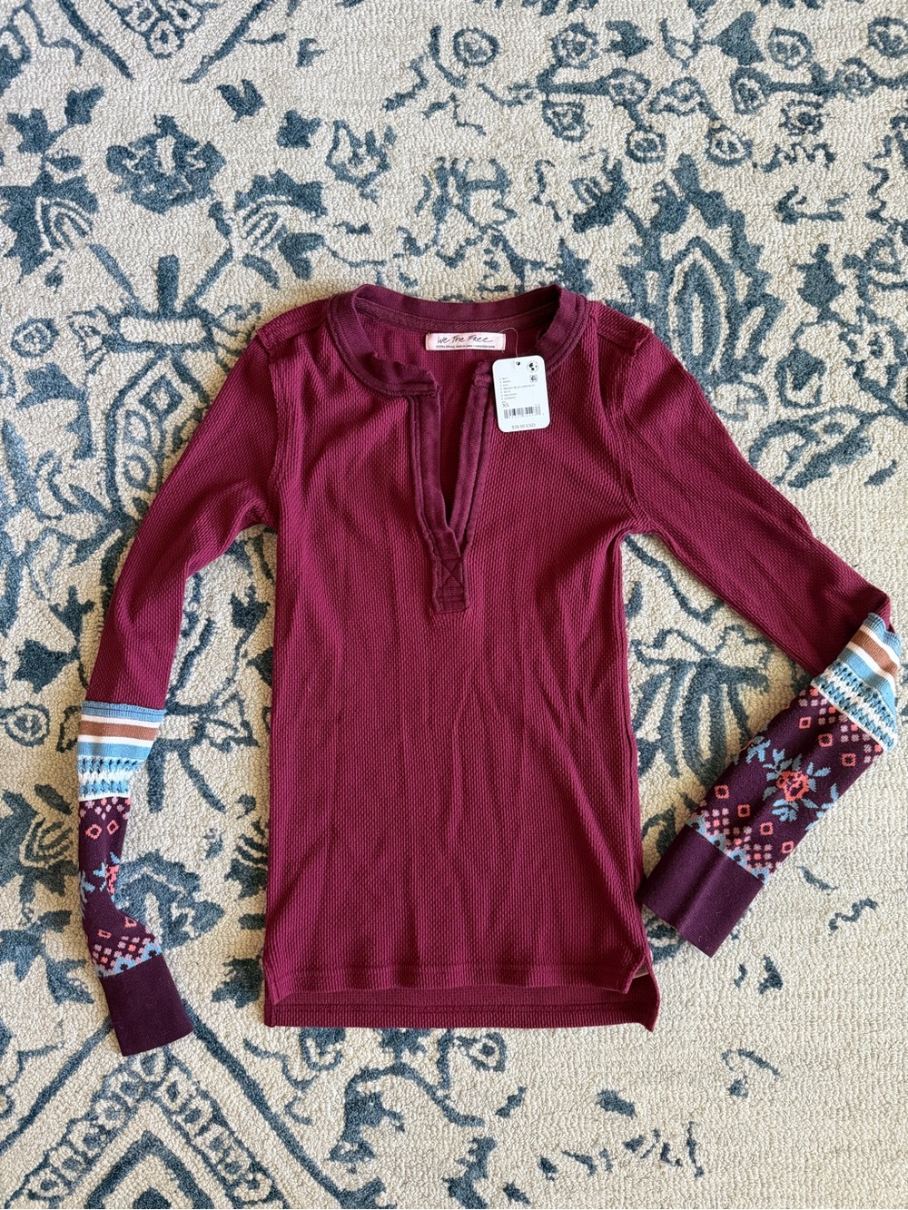 We The Free Burgundy Long-Sleeve Henley with Patterned Cuffs